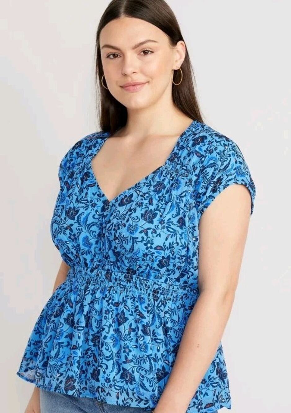 NWT Old Navy size Large Waist Defined Dolman Short Sleeve Top Blue Floral